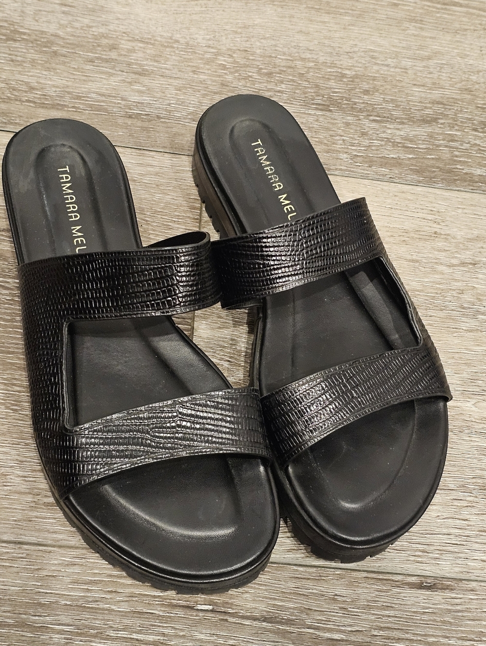 Jimmy Choo TAMARA MELLON Black Roam Lizard Sandals Shoes SZ 38.5
